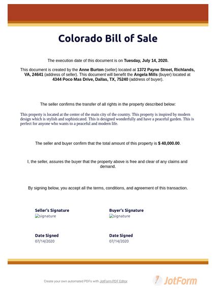 Colorado Bill Of Sale Pdf Templates Jotform