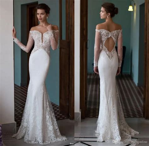 Off The Shoulder Mermaid Wedding Dresses Plunging V Neck Illusion Long Sleeves Lace Sexy