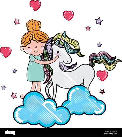 Scribbled Happy Girl Hugging Cute Unicorn Stock Vector Image And Art Alamy