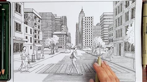 Drawing A Street View In One Point Perspective Timelapse Youtube