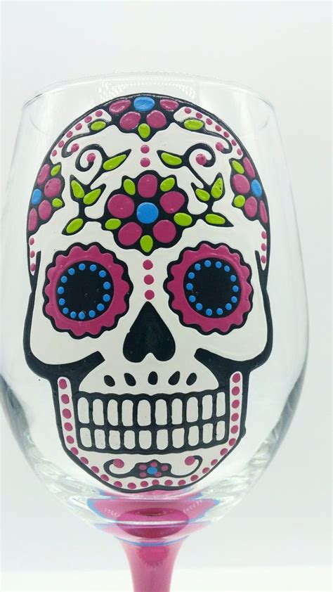 Pink Sugar Skull Hand Painted Wine Glass In Stemmed Or Stemless Day Of The Dead Dia De Los