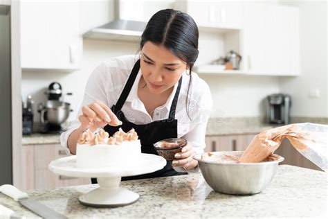 Gorgeous Female Pastry Chef Making Cake Stock Photo Image Of