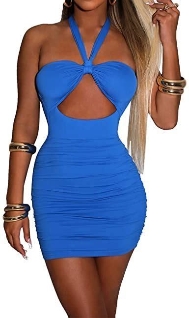 sheseeworld women s sexy sleeveless bodycon halter neck cutout lace up knot ruched club mini