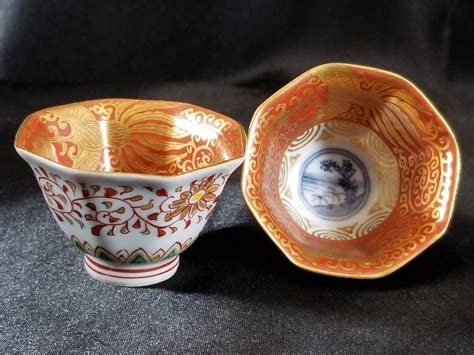 Meiji Period Kutani Antique Sake Cups Both Signed 1 38 Tall X 2 18