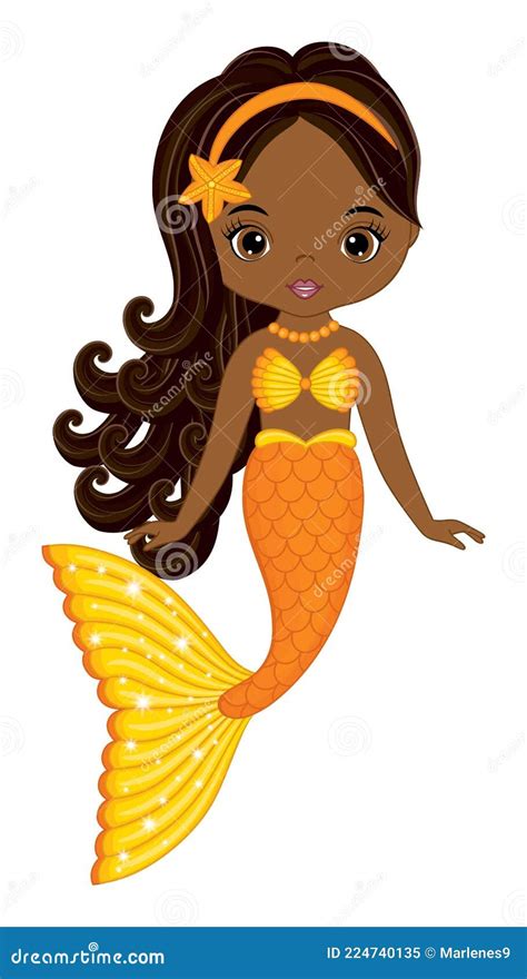 African American Cute Mermaid With Orange Fishtail Vector Mermaid