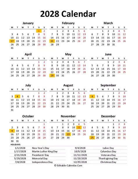 2028 Calendar With Us Holidays Editable In Excel Word Pdf
