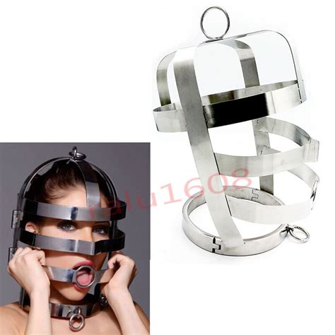 Unisex Stainless Lockable Head Cage Posture Oral Hood Collar Cuffs