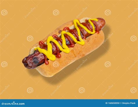 Hot Dog With Mustard On Yellow Background Stock Photo Image Of Junk