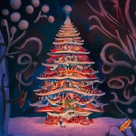 Color Serigraph Of A Beautifully Decorated Christmas Tree In A Winter