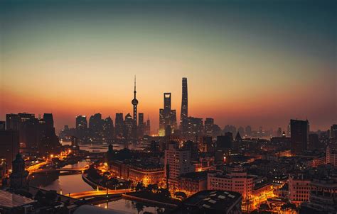 Обои City Lights China Shanghai Twilight River Sky Sea Sunset