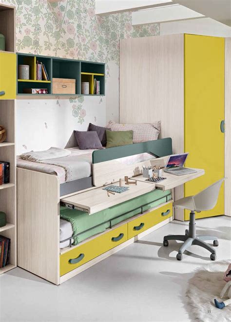 Rivestimento e e colore a scelta. Letto con scrivania estraibile Silvia, finitura Betulla, Senape e Petrolio | Scrivania ...