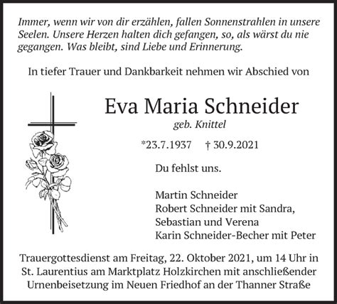 Traueranzeigen Von Eva Maria Schneider Trauermerkurde