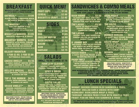 Menu at Kelley's Place restaurant, Minot Air Force Base