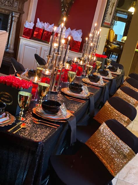 black gold and red dinner oartt table decor birthday dinner party dinner party table birthday