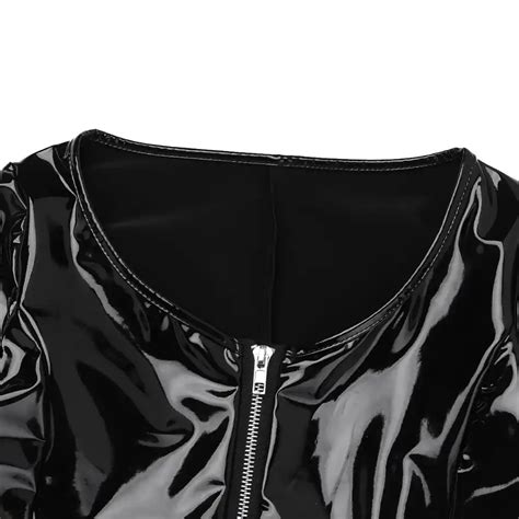Iefiel Womens Wetlook Patent Leather Catsuit Front Zipper Hollow Out High Cut Body Thong Leotard