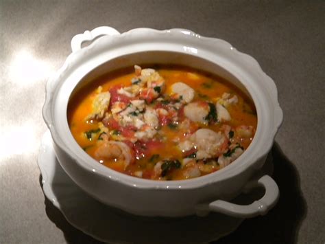 1000g of mussels, 850ml of chicken stock, or vegetable stock, 100g of puy lentils, 1 small shallot, 4 new potatoes, 4 crevettes, 50g of samphire, 75g of spinach, 6 wild garlic leaves, 56g of potted shrimp, salt, pepper. Dad's Favorite Seafood Stew Recipe on Food52