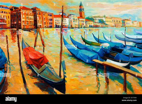 Original Oil Painting Of Beautiful Venice Italy On Sunsetgondolas And