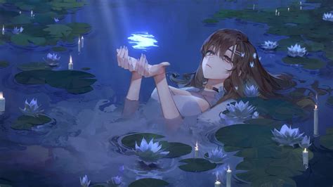 Anime Girl Lying In The Water Lily Pond Live Wallpaper Moewalls