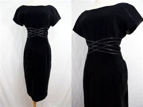 1950s Black Velvet Wiggle Dress Vlv Shelf Bust By Reitapievintage Black