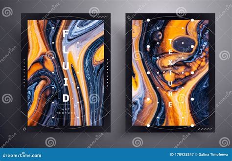 Set Of Desing Poster Dark Blue And Orange Vibrant Abstract Marbled