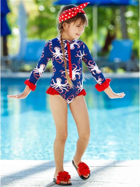 Mia Belle Girls Zipper Ruffled Rash Guard One Piece Swimsuit