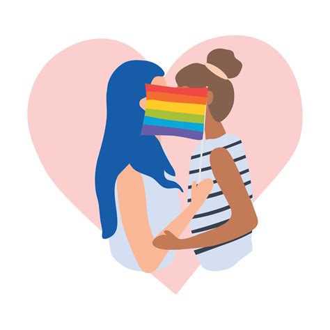 two girls kiss for an lgbt flag on pink heart lesbians pride month woman with long blue hair