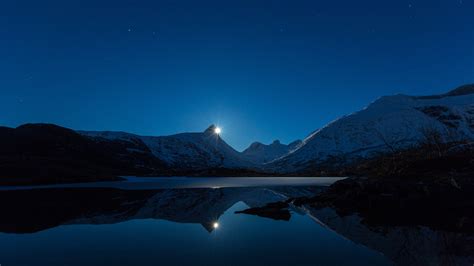 Moon Shining Over Snowy Mountain Lake 4k Ultra Hd Desktop