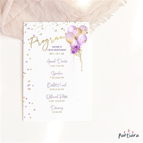 Ladies Birthday Party Program Template Printable Lilac Purple Etsy