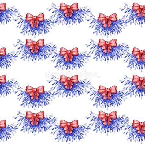 Seamless Pattern With Mistletoe Branches And Red Bows Color Pencil