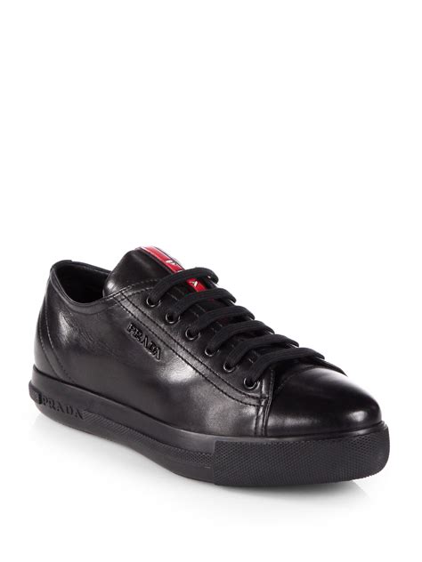 Lyst Prada Leather Laceup Sneakers In Black