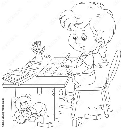 Little Girl Doing Her Homework In An Exercise Book With Samples Of