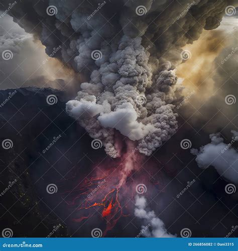 Aerial View Of Billowing Smoke And Ashes Erupting From A Volcano Stock