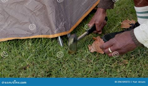 Tent Camping And Man With Outdoor Setup For Shelter In Woods