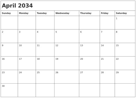 April 2034 Month Calendar