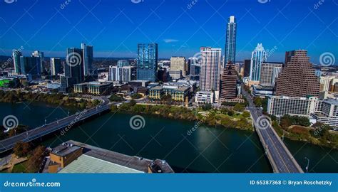 Aerial Austin Texas Over Town Lake With Bridges And Downtown Skyline