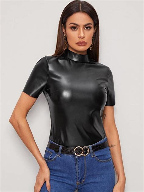 Stylish Mock Neck PU Leather Top For Women
