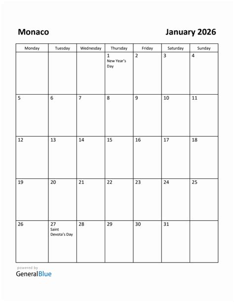 Free Printable January 2026 Calendar For Monaco