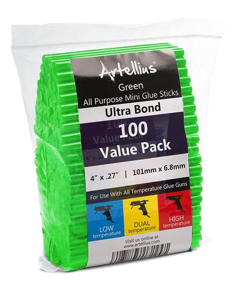 Artellius Green Hot Glue Sticks 4 X 27 100 Bulk Pack Ultra Bond Hot Melt