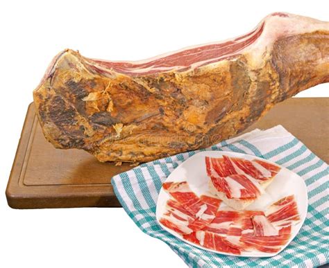 closeup of serrano ham leg with plate and tablecloth stock image image of snack closeup 84897899