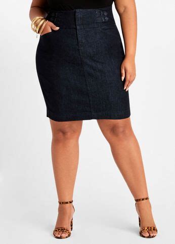 Plus Size Denim Stretch Pull Tab Seamed High Waist Slim Pencil Skirt