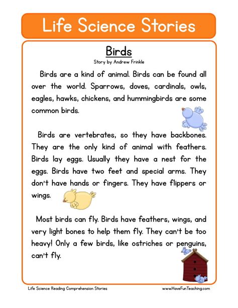 Reading Comprehension Worksheet Birds