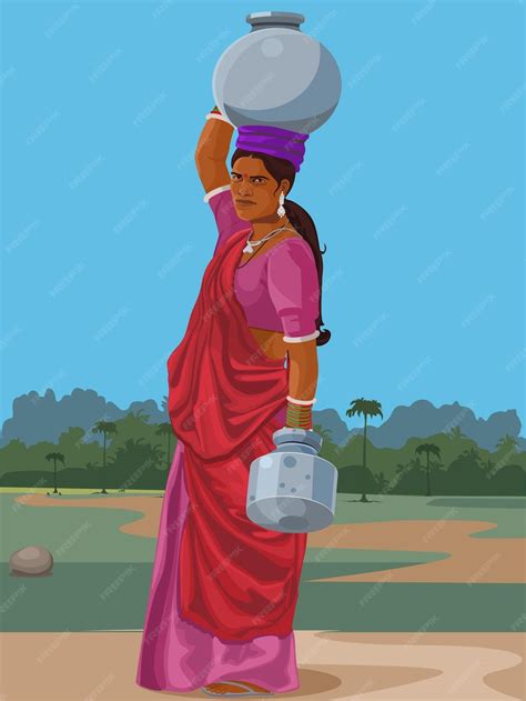 Premium Vector Indian Woman Carrying Water Pot On Head