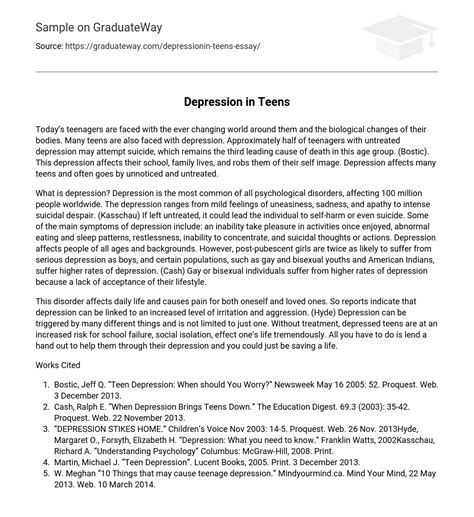 Depression In Teens 385 Words Free Essay Example On Graduateway