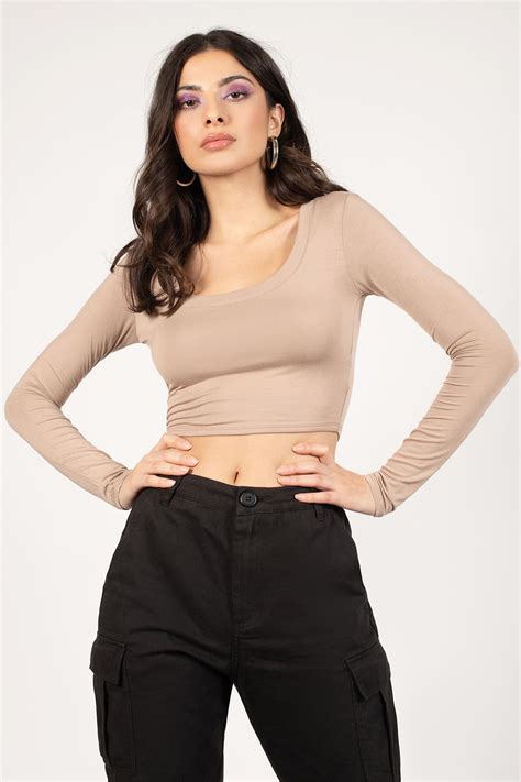 Tobi Crop Tops Womens Amuse Me Taupe Cropped Long Sleeve Top Taupe ⋆ Theipodteacher