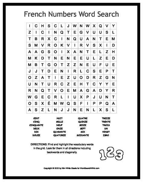 French Numbers Word Search