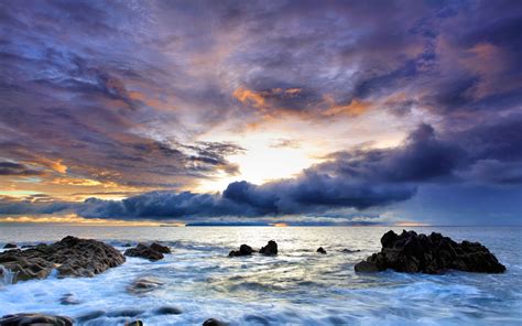 Download Wallpaper 2560x1600 Coast Sea Water Cloudy Stones Sky Hd