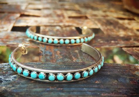 Silver Turquoise Hoop Earrings Native American Indian Jewelry Signed