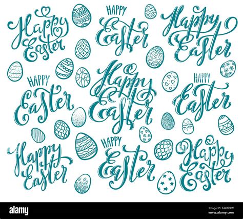 Big Set Of Hand Written Happy Easter Phrases Greeting Card Text