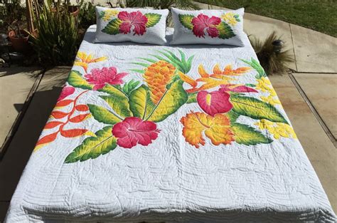 Hawaiian Tropical Flower King Quilt 96inx103in By Palamaimports