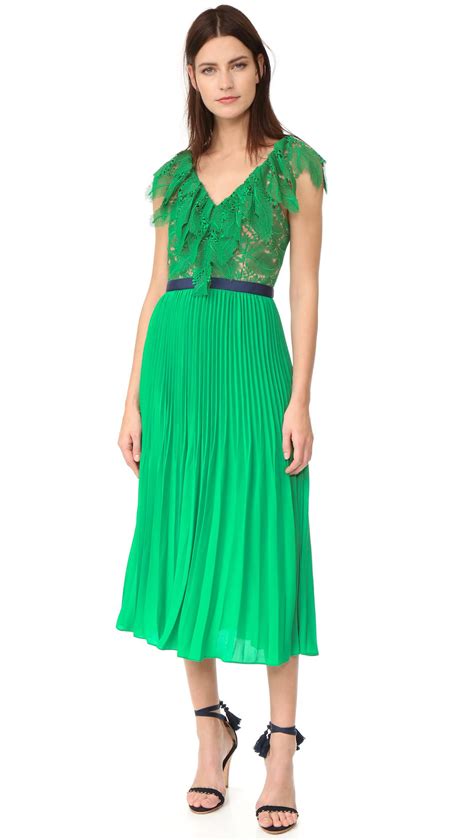 Three Floor Lace Dress Code Pleat Dress In Emerald Nude Green Lyst My Xxx Hot Girl